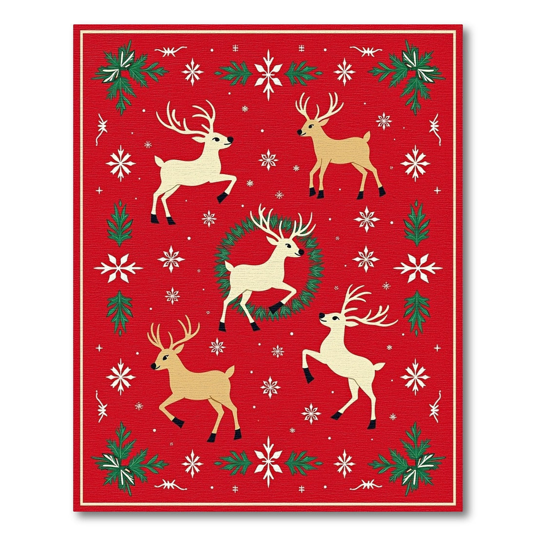 Red Whimsical Reindeer Snowflakes Holiday Rug