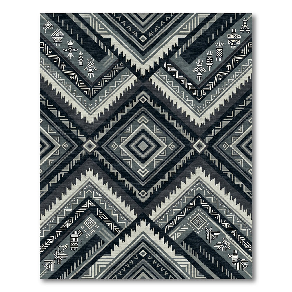 Monochromatic Charcoal Tribal Geometric Diamond Rug