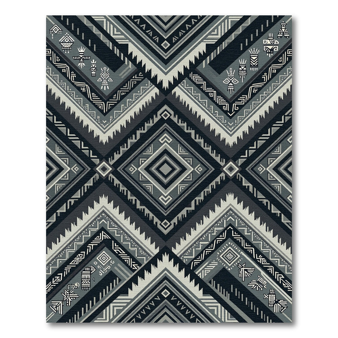 Monochromatic Charcoal Tribal Geometric Diamond Rug