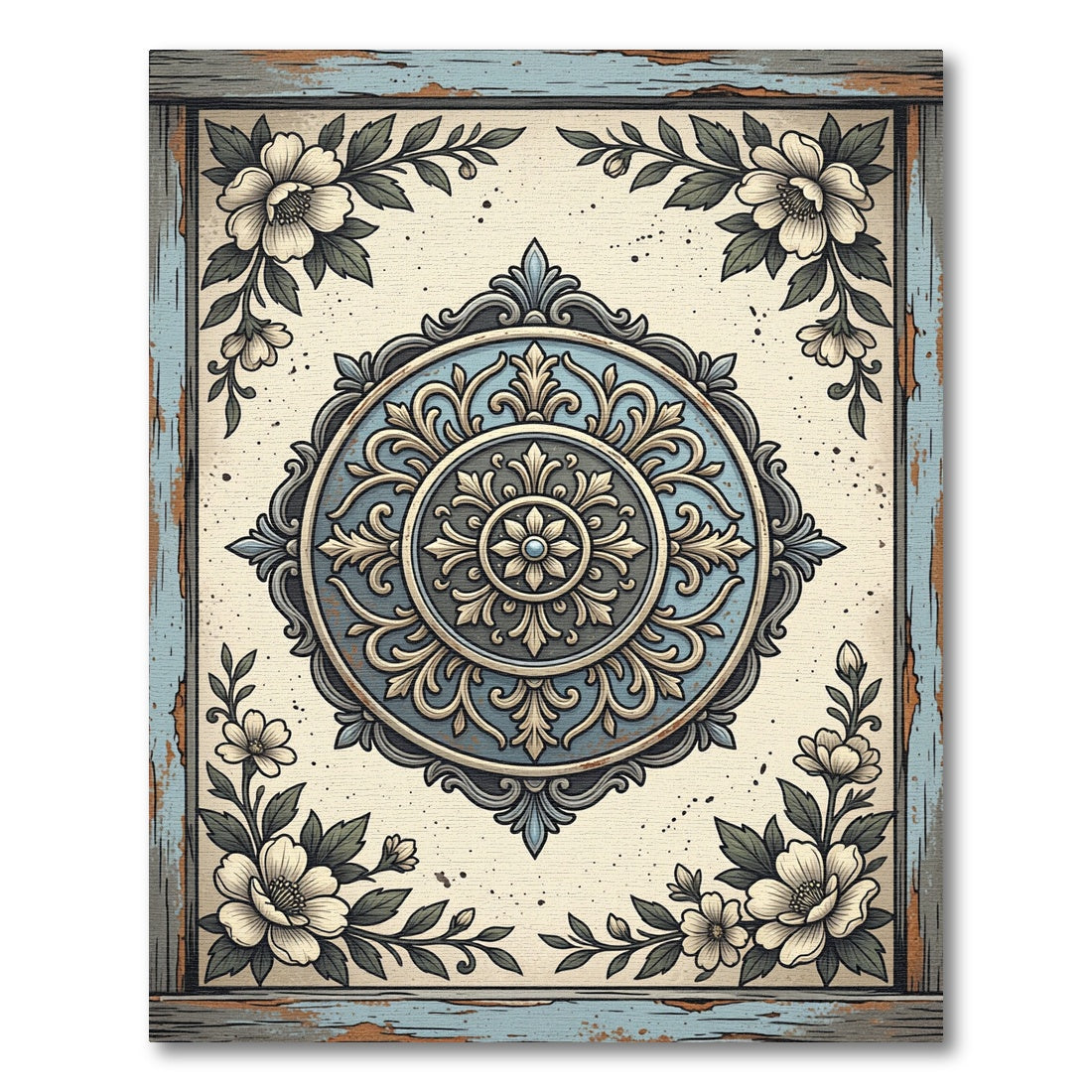 Classic Blue Floral Medallion Border Rug