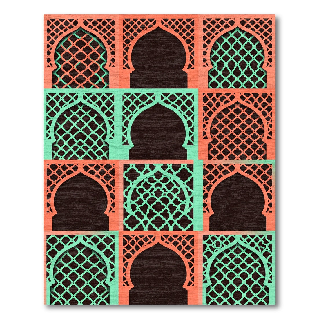 Coral and Teal Lattice Arch Grid Rug