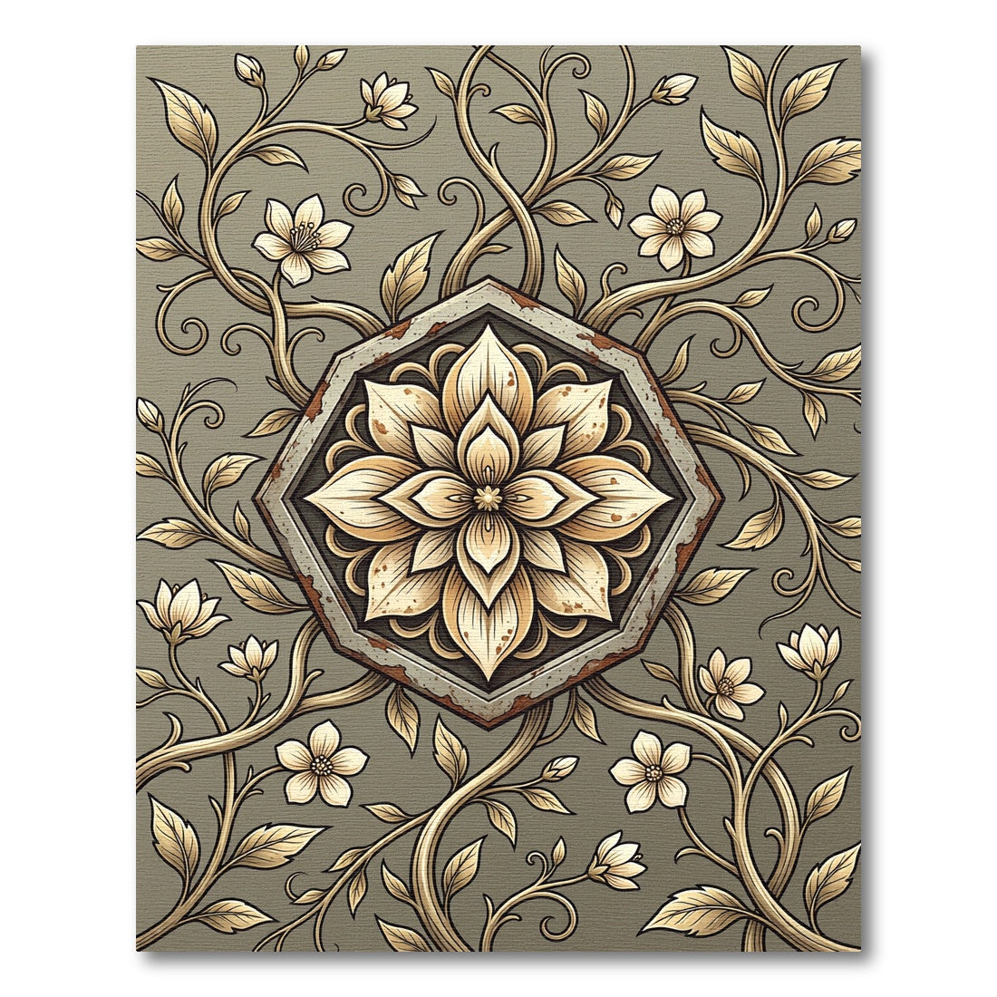 Elegant Golden Floral Hexagon Medallion Rug