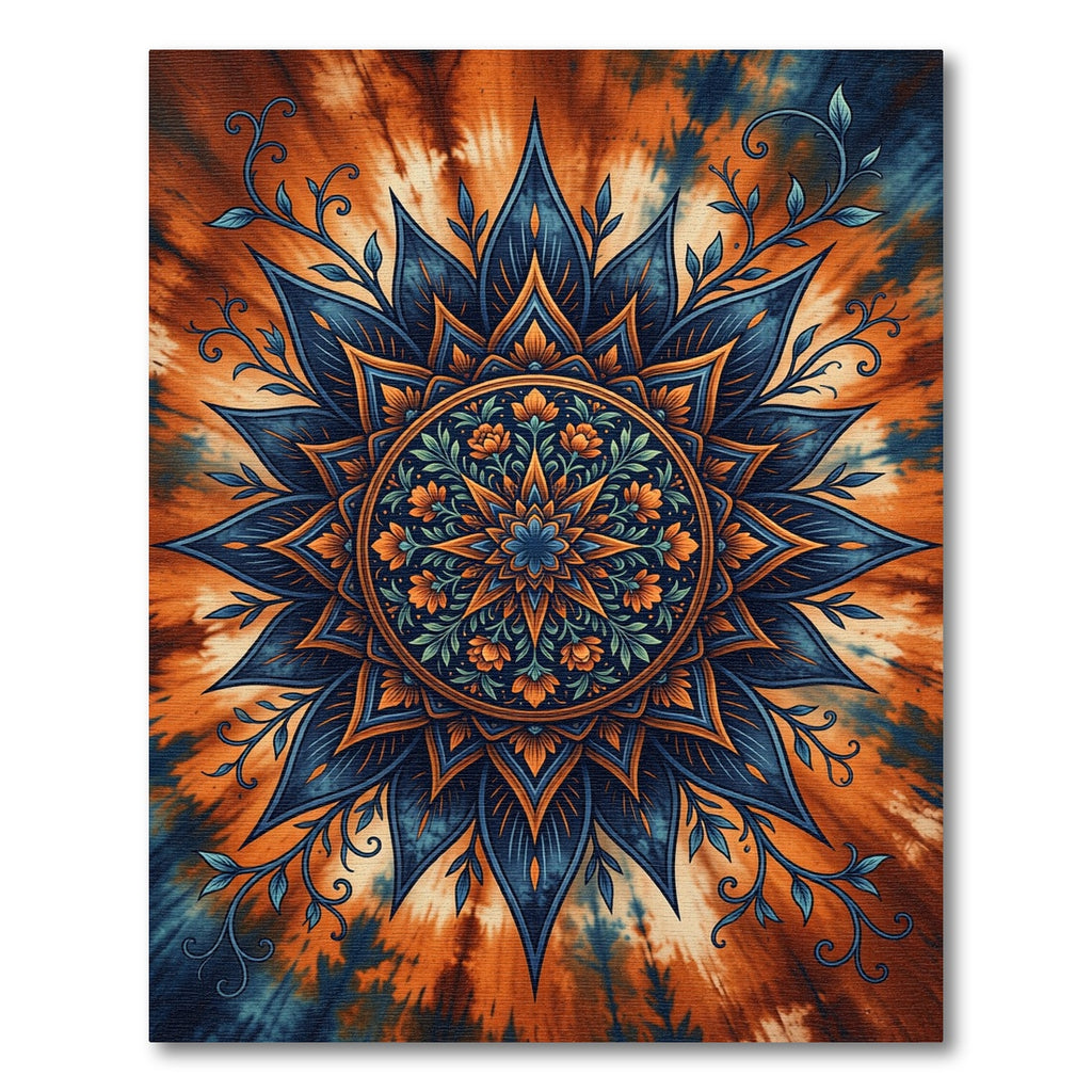 Vibrant Blue Orange Floral Mandala Rug