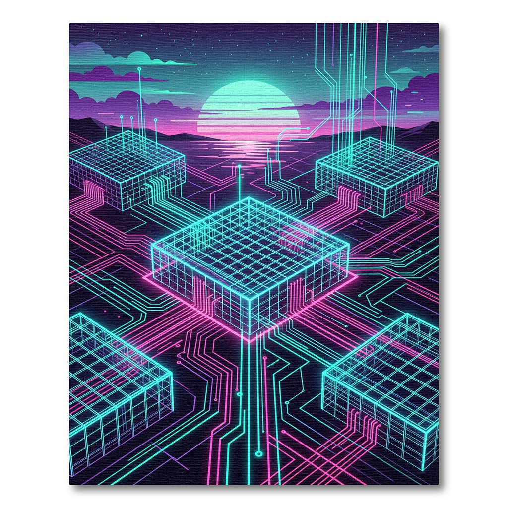 Neon Synthwave Cyber Grid Circuit Art Rug