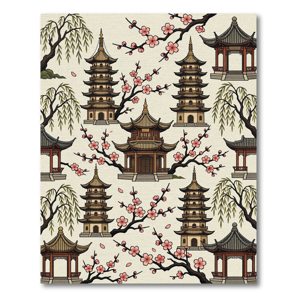 Pagoda Cherry Blossom Willow Scene Rug