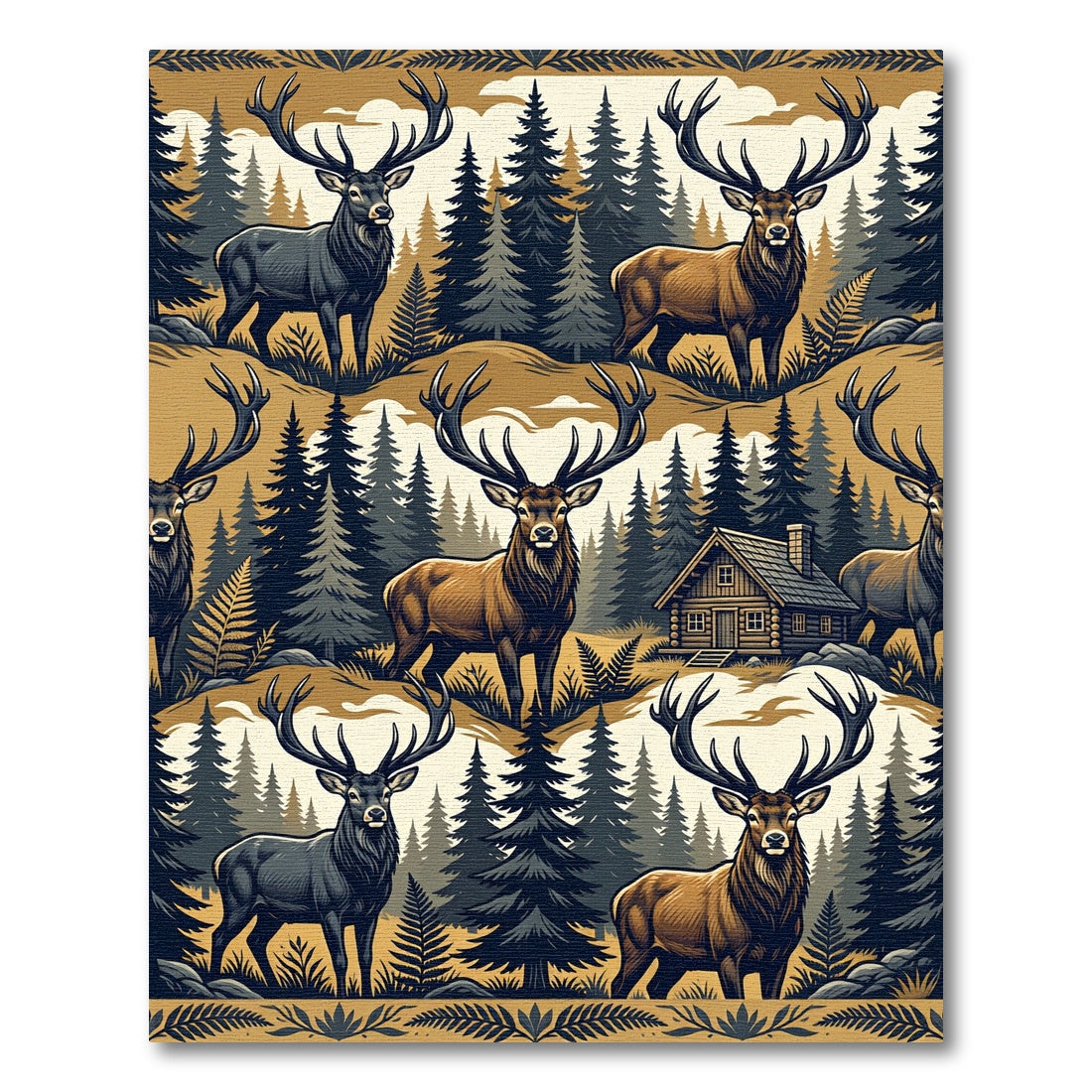 Rustic Woodland Stag Forest Cabin Scene Rug