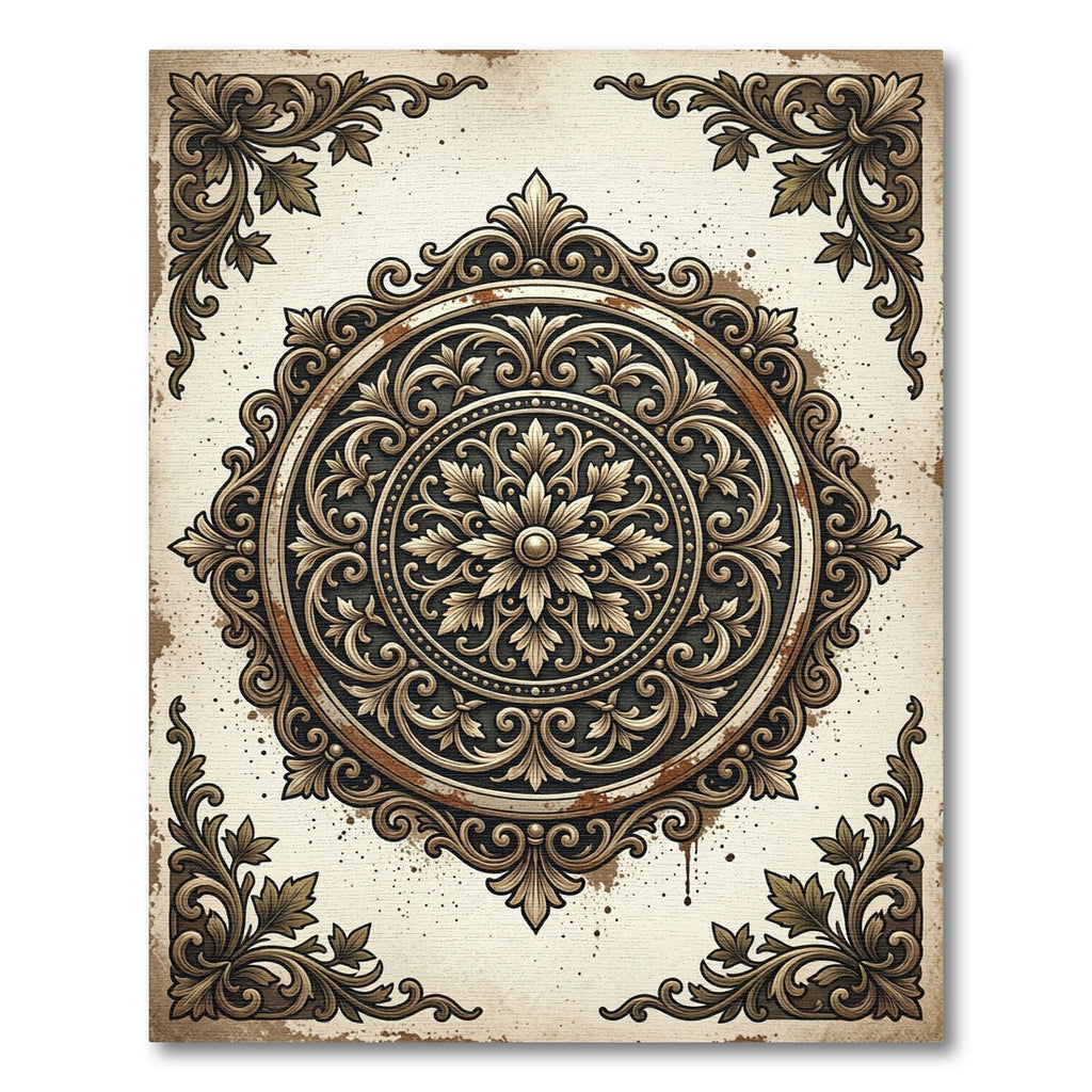 Ornate Gold Scrollwork Medallion Rug