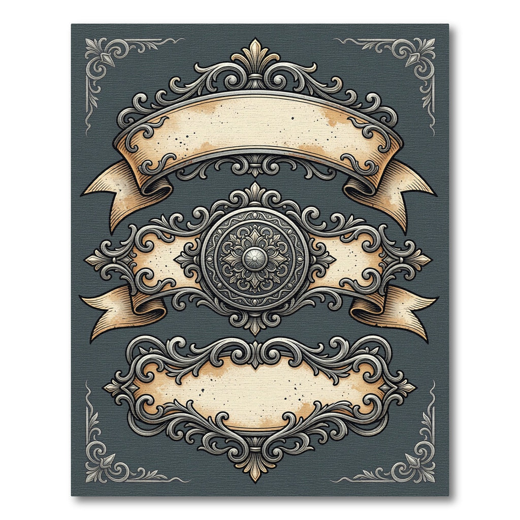 Ornate Silver Baroque Crest Scroll Ribbon Rug