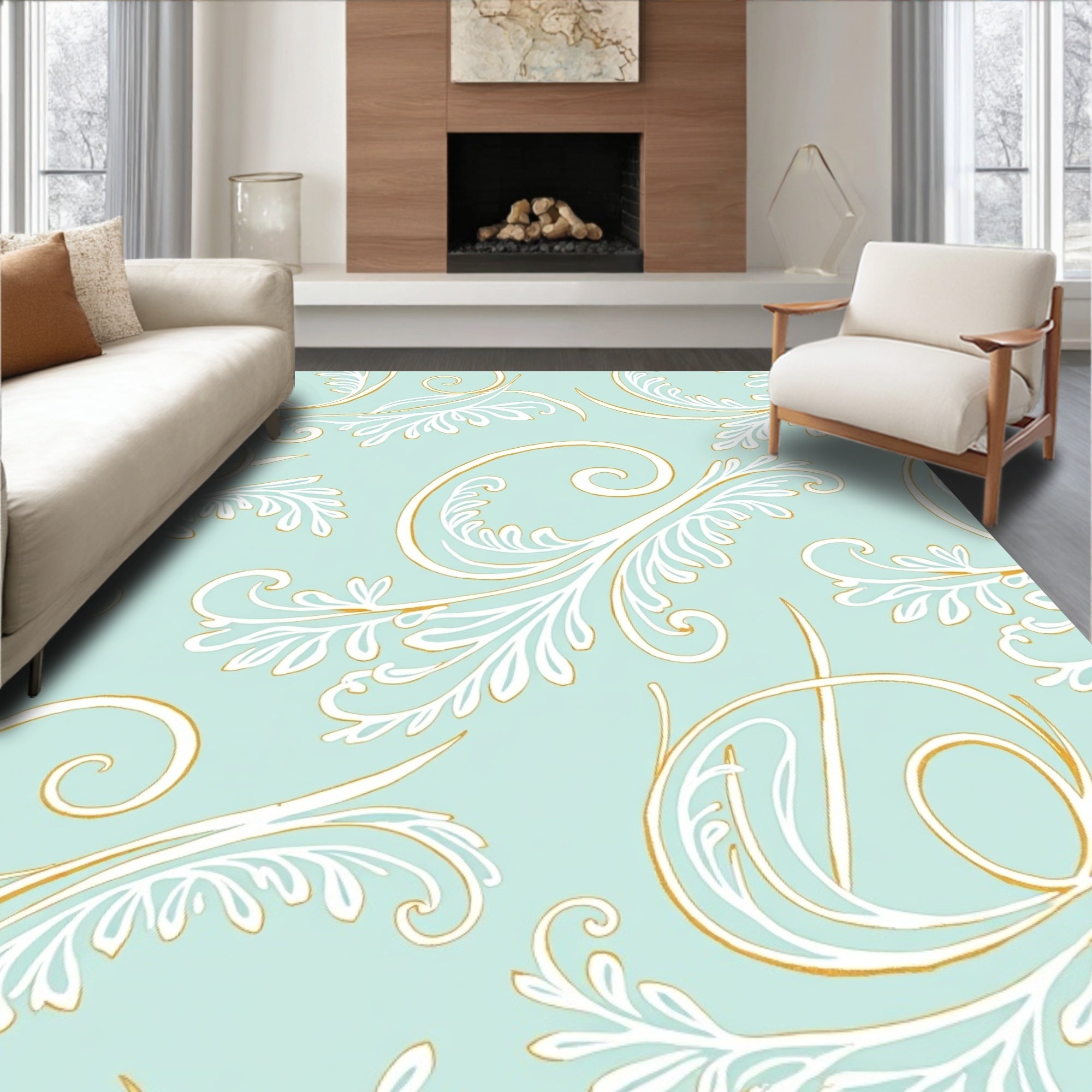 Elegant White Gold Swirls Rug