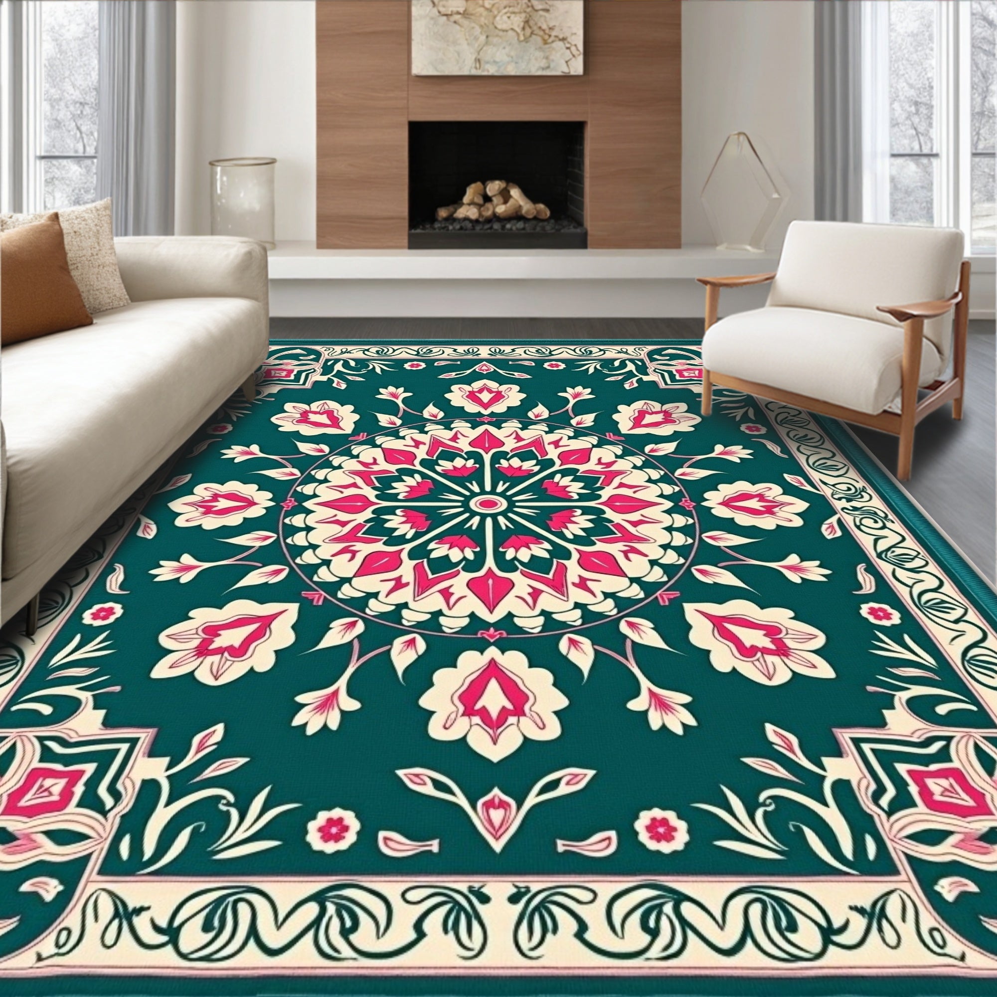 Teal Floral Mandala Inspired Rug