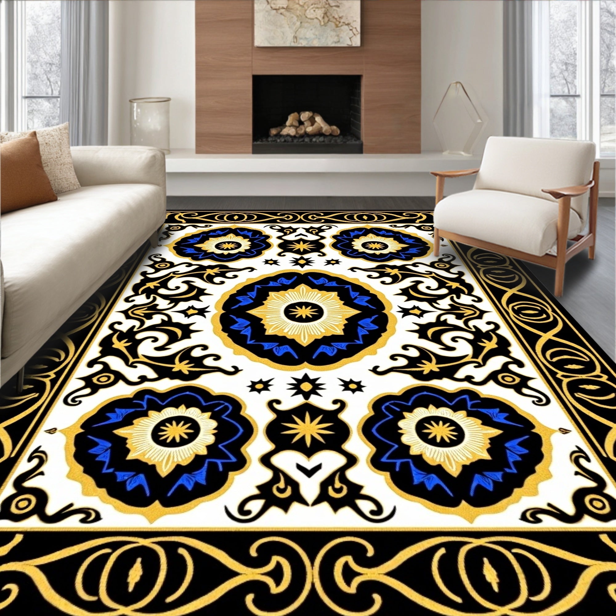 Ornate Floral Patterned Gold Rug