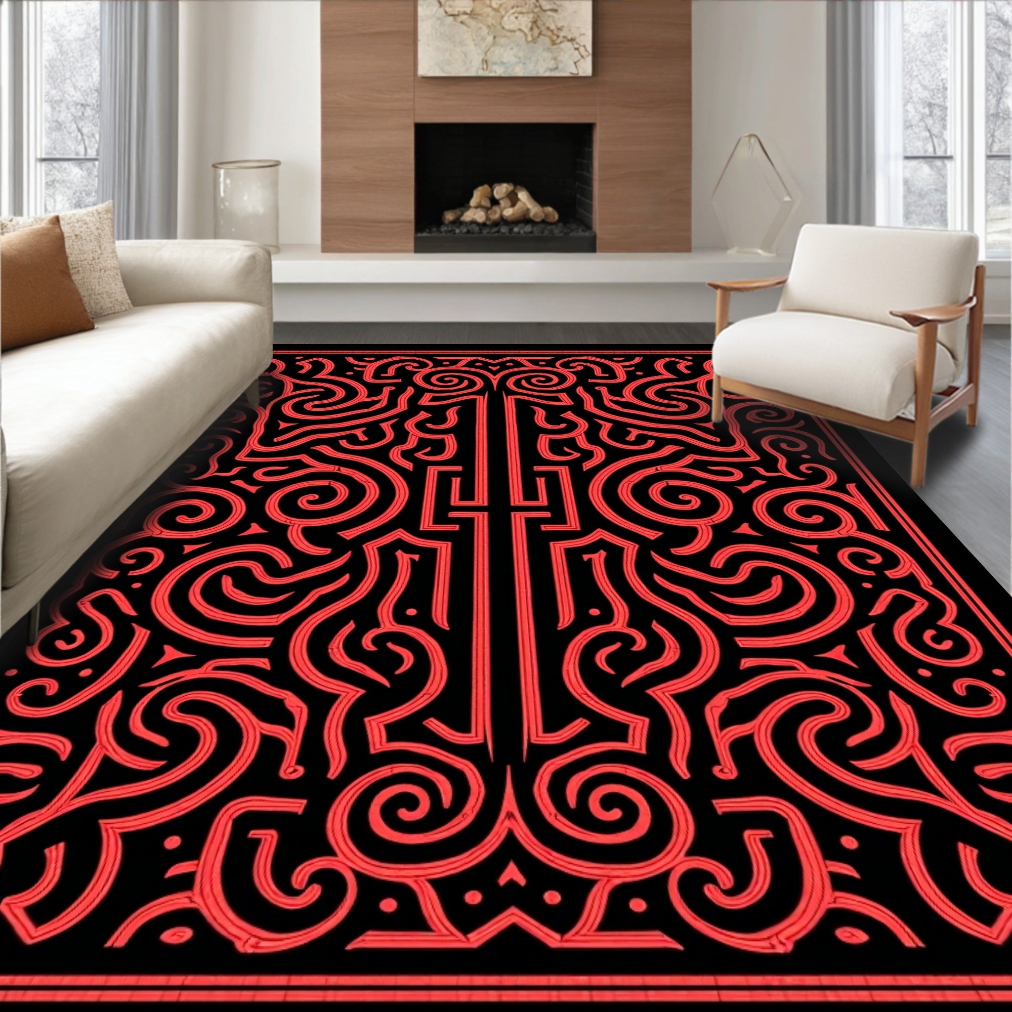 Bold Red Swirl Graphic Design Rug