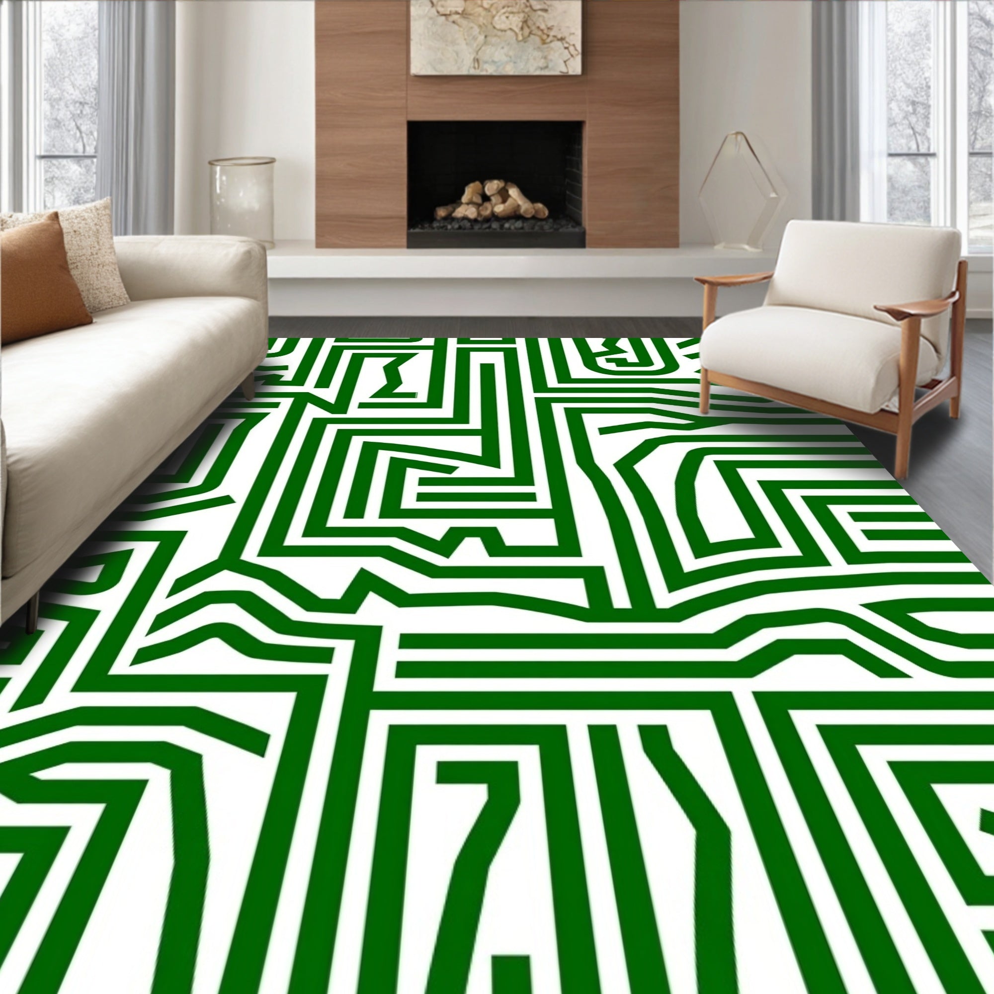 Abstract Green Maze Pattern Rug