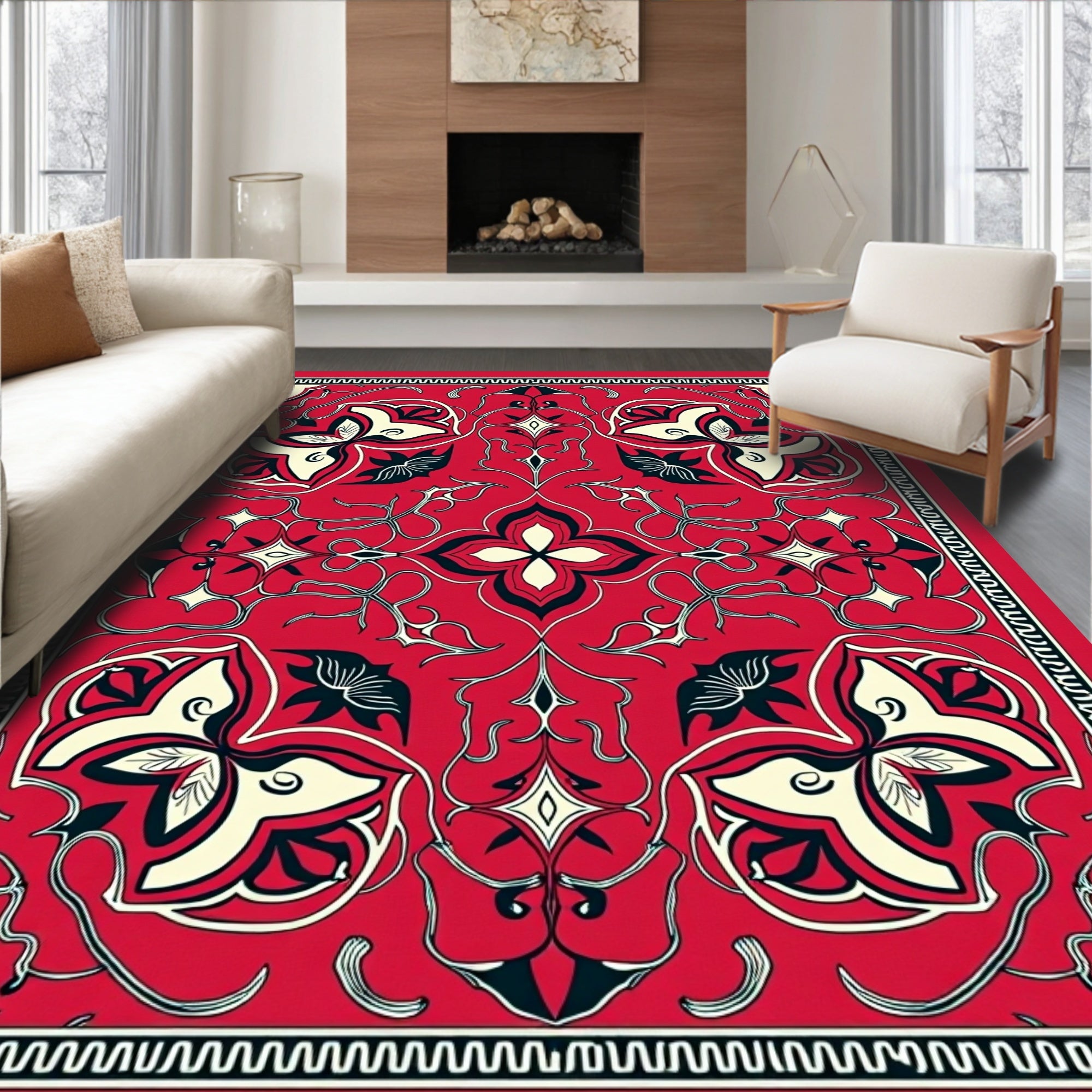 Red Floral Vine Intricate Pattern Rug