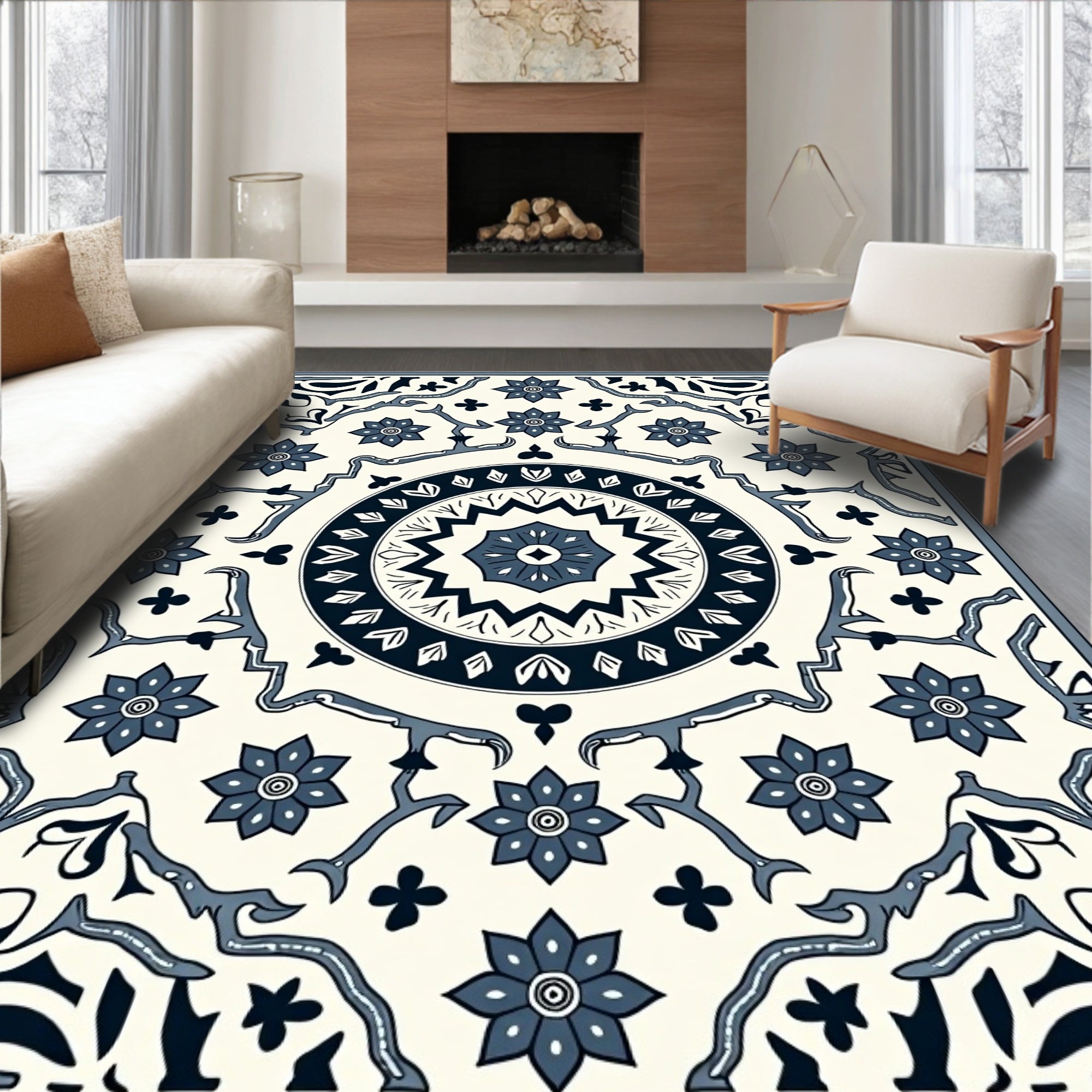 Navy Blue Floral Intricate Medallion Rug