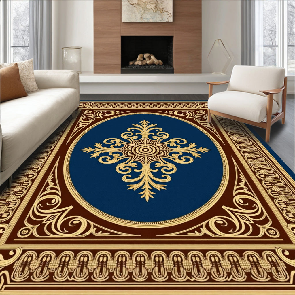 Ornate Blue Gold Floral Medallion Rug