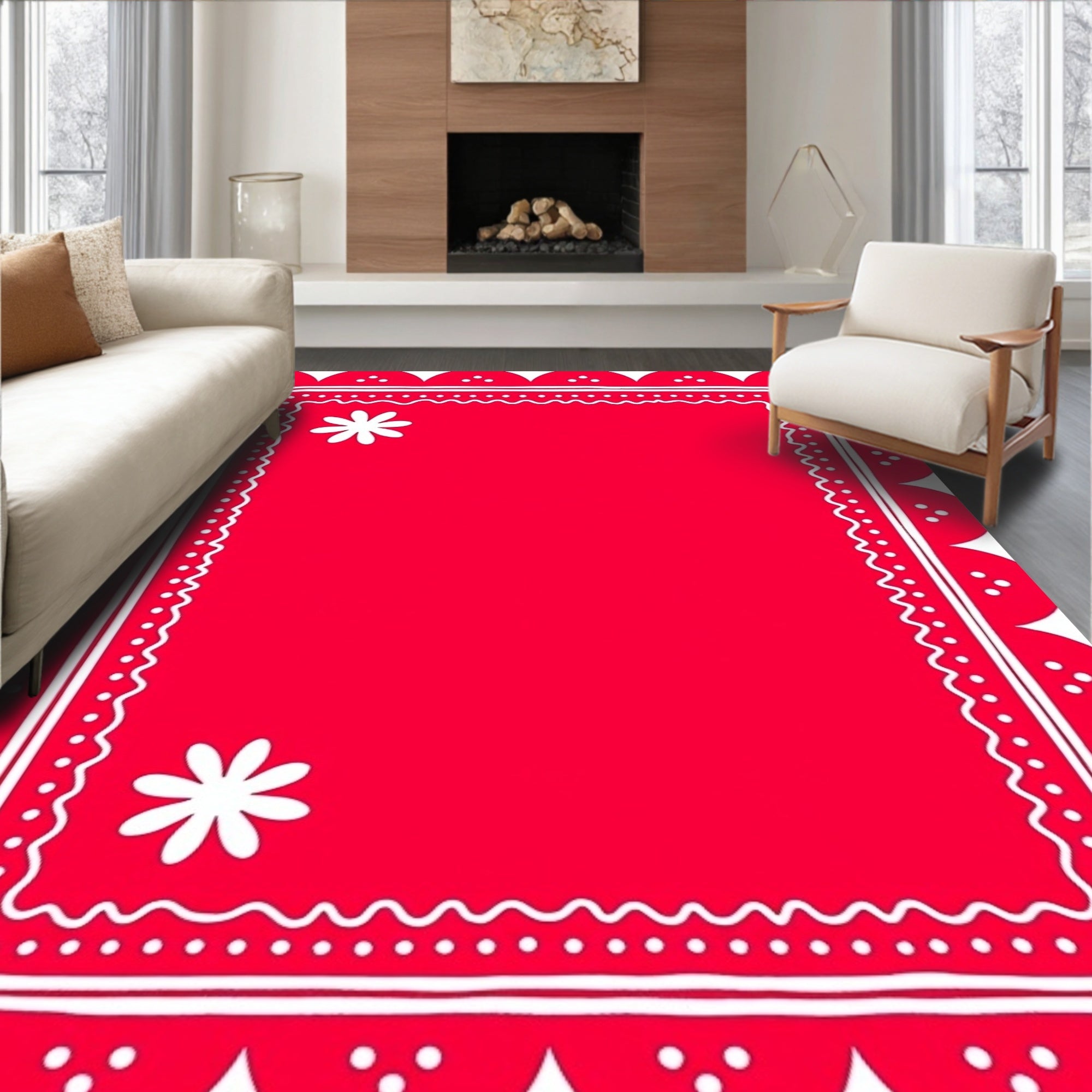 Red Scalloped Floral Border Rug