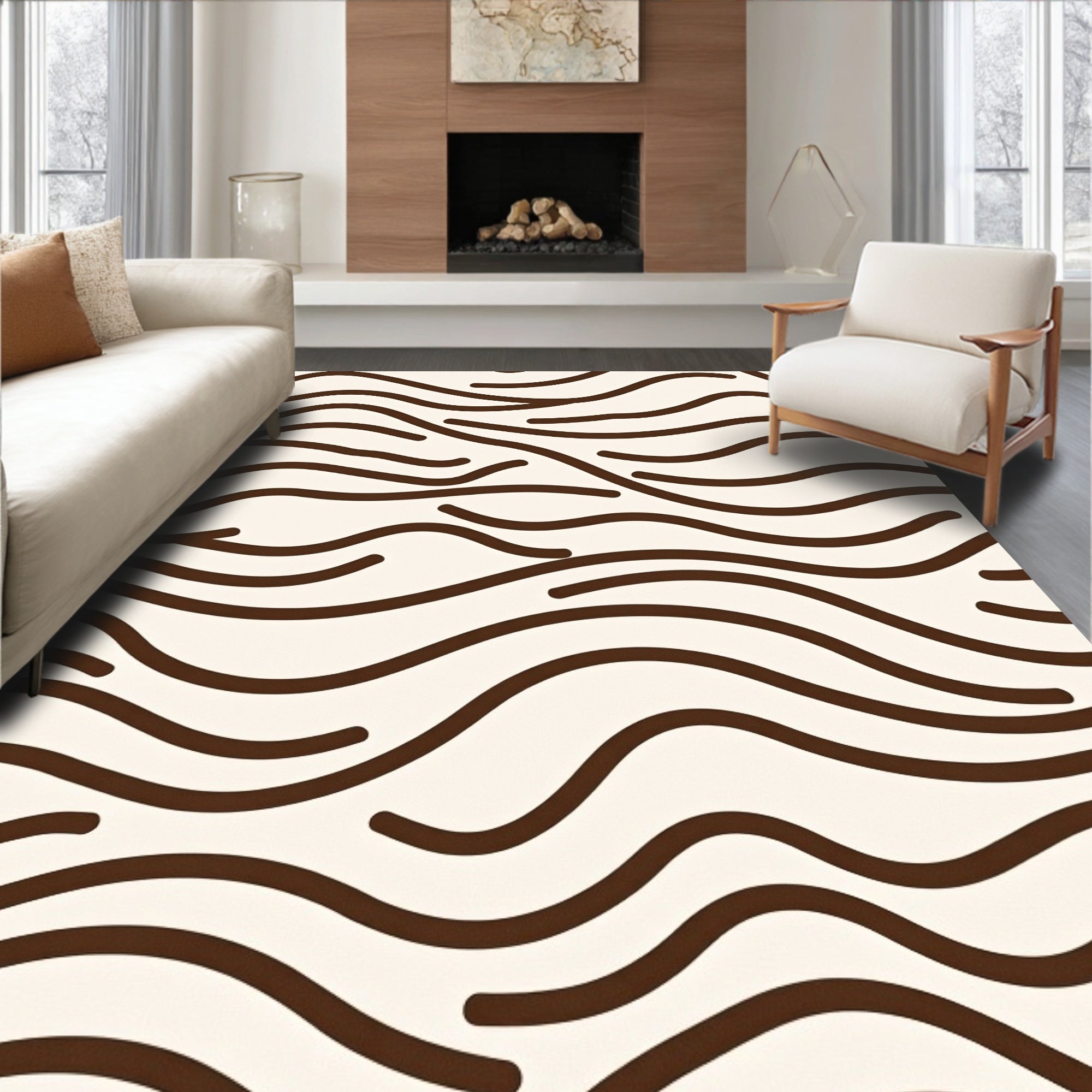 Organic Wavy Brown Stripe Pattern Rug