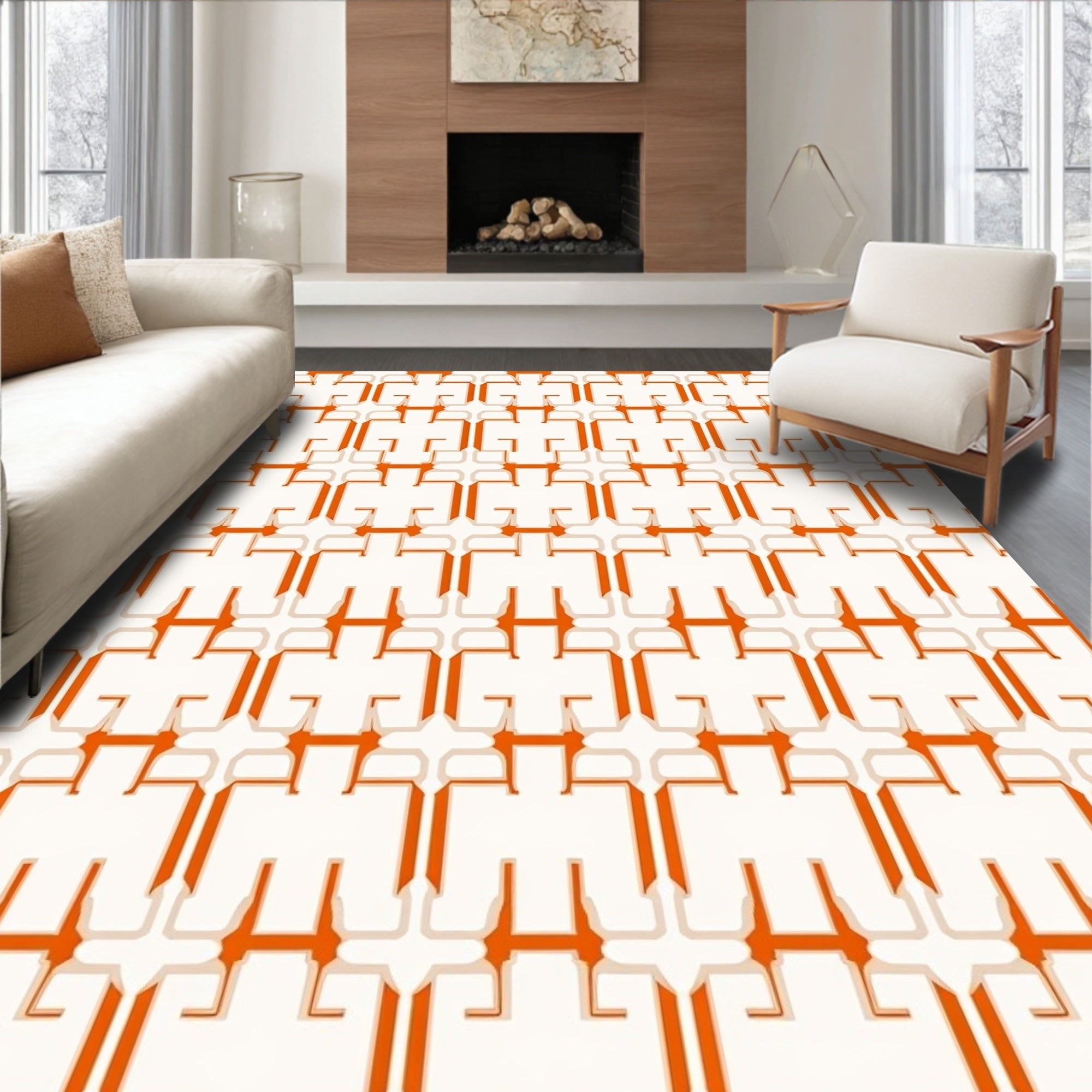 Orange Beige Geometric Interlocking Pattern Rug