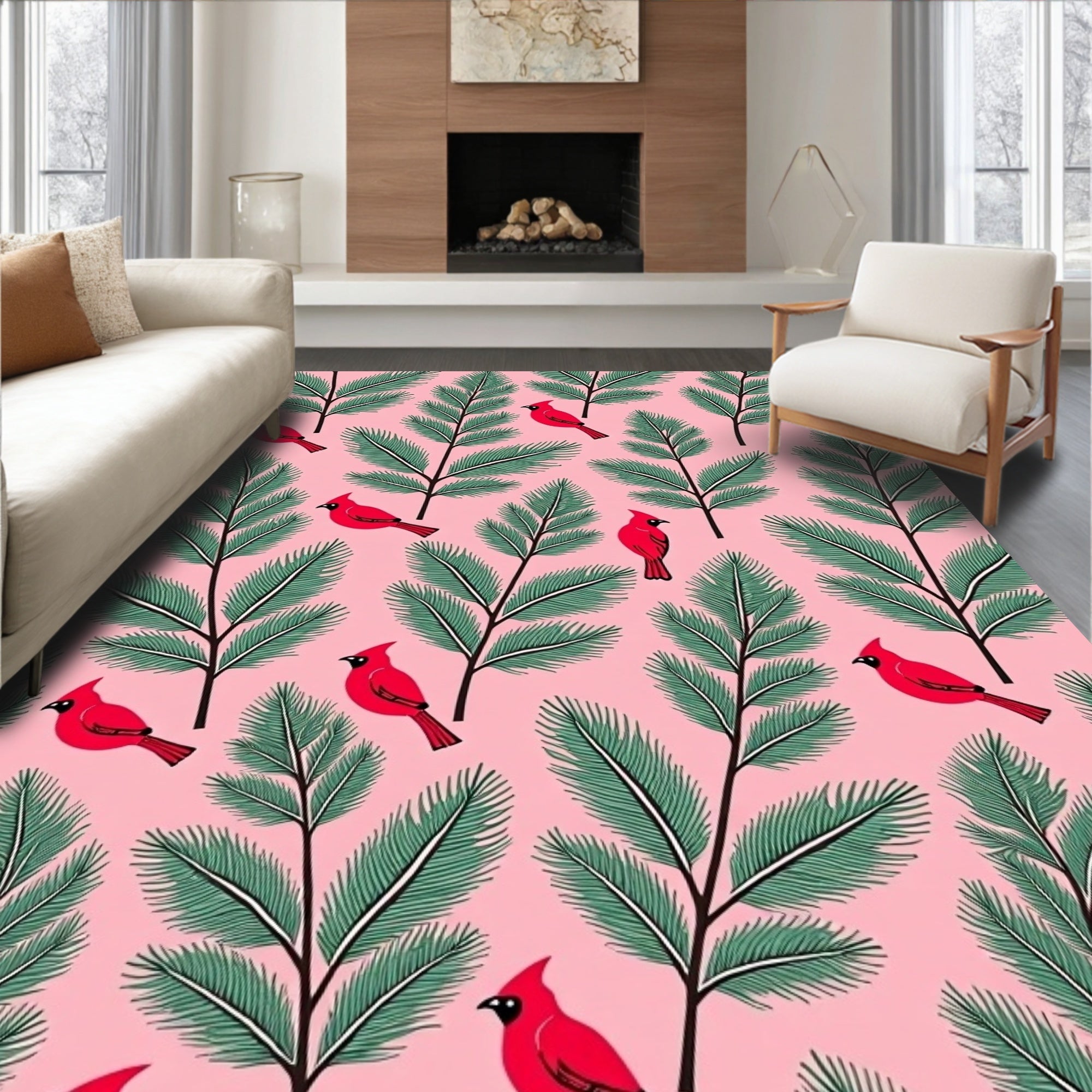 Pink Cardinal Pine Branch Whimsical Rug