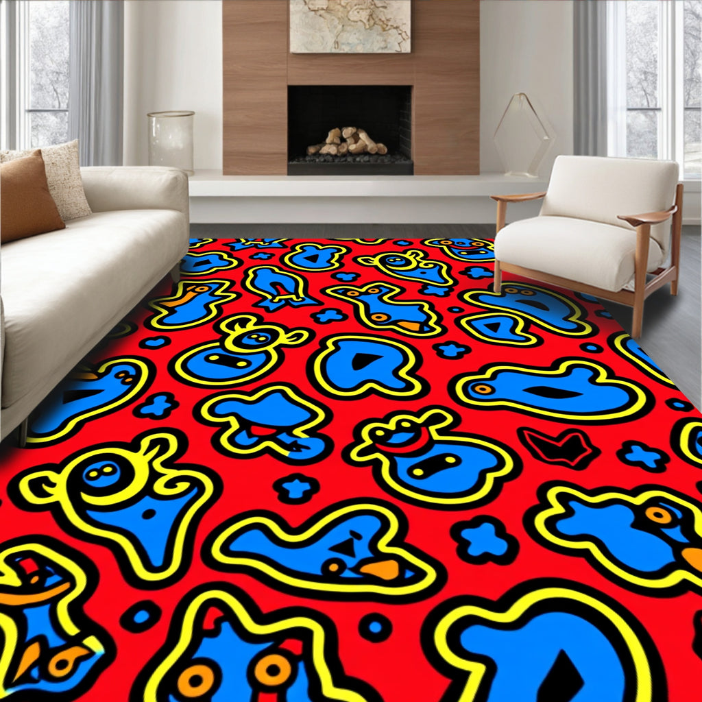 Bold Abstract Blue Yellow Creatures Rug