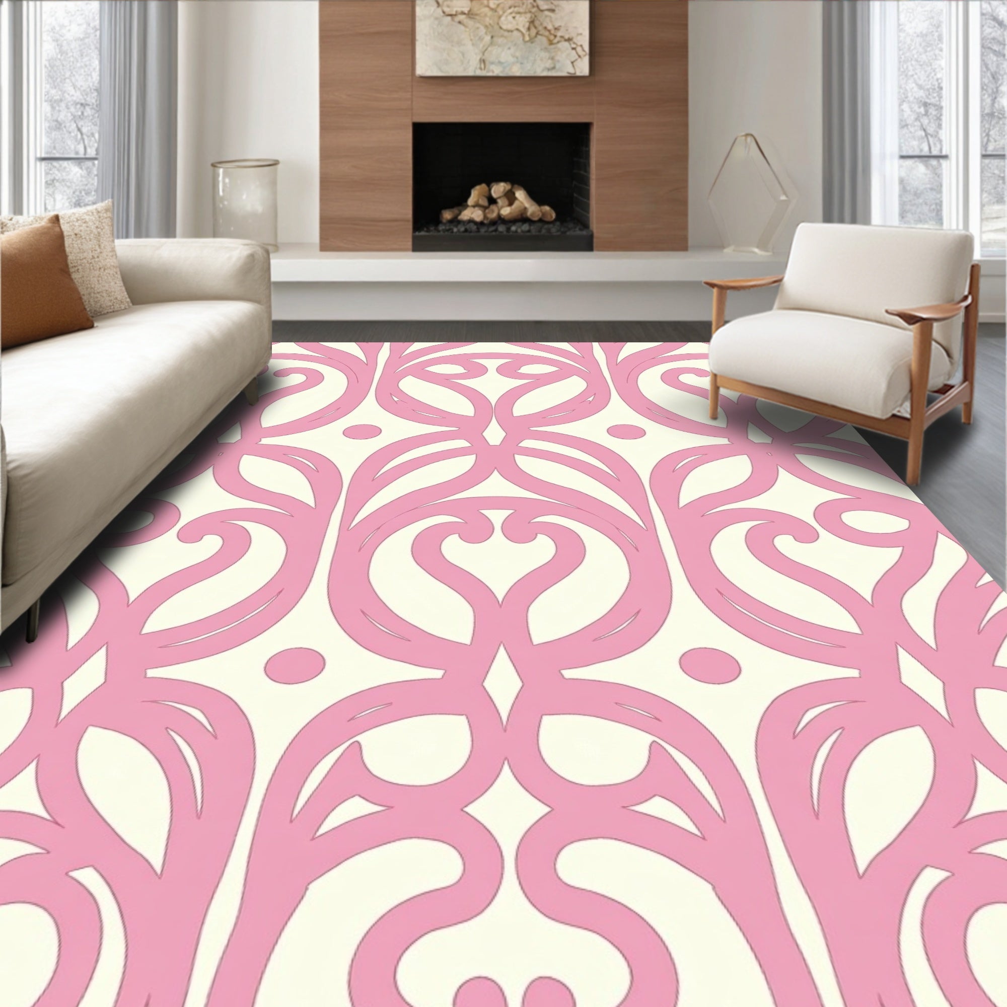Pink Swirl Cream Pattern Rug
