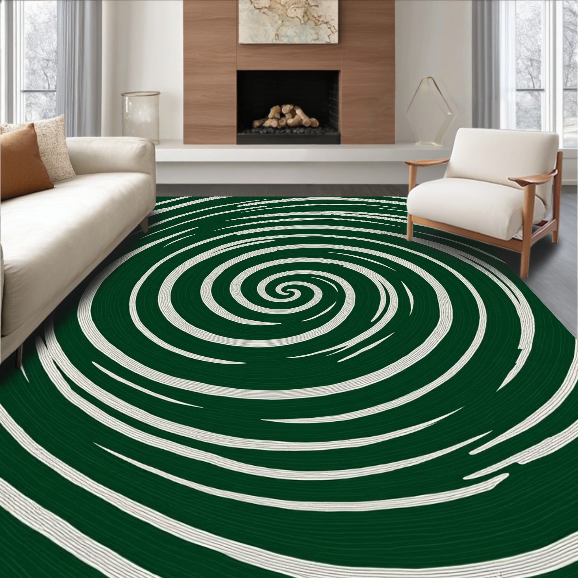 Dark Green Spiral Pattern Rug
