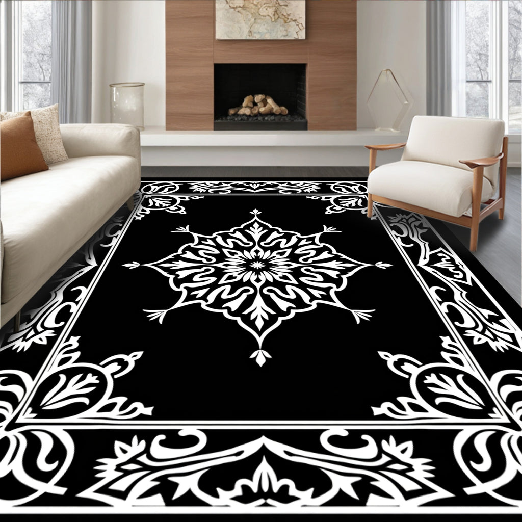Ornate Floral Mandala Black White Rug