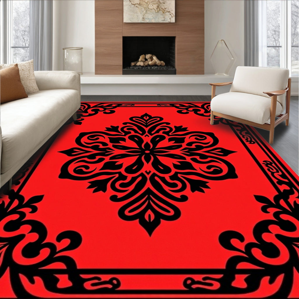 Red Black Floral Crest Design Rug