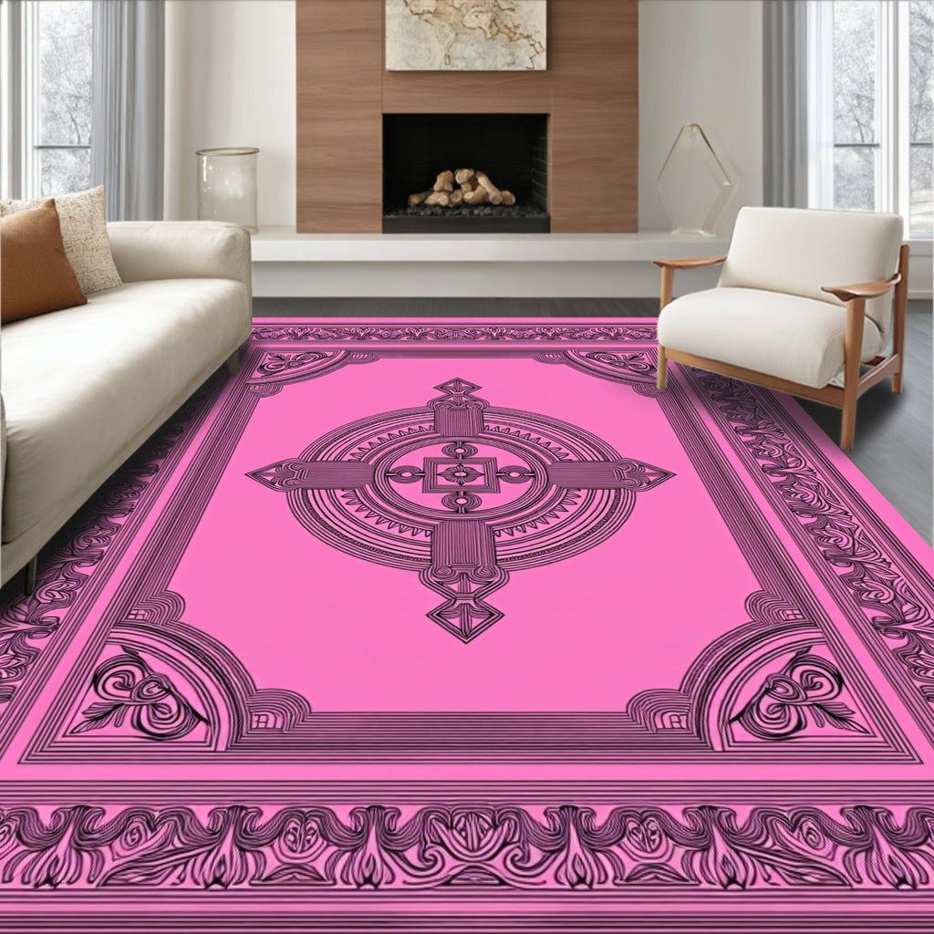 Ornate Pink Geometric Mandala Design Rug