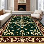 Elegant Gold Dark Green Floral Border Rug