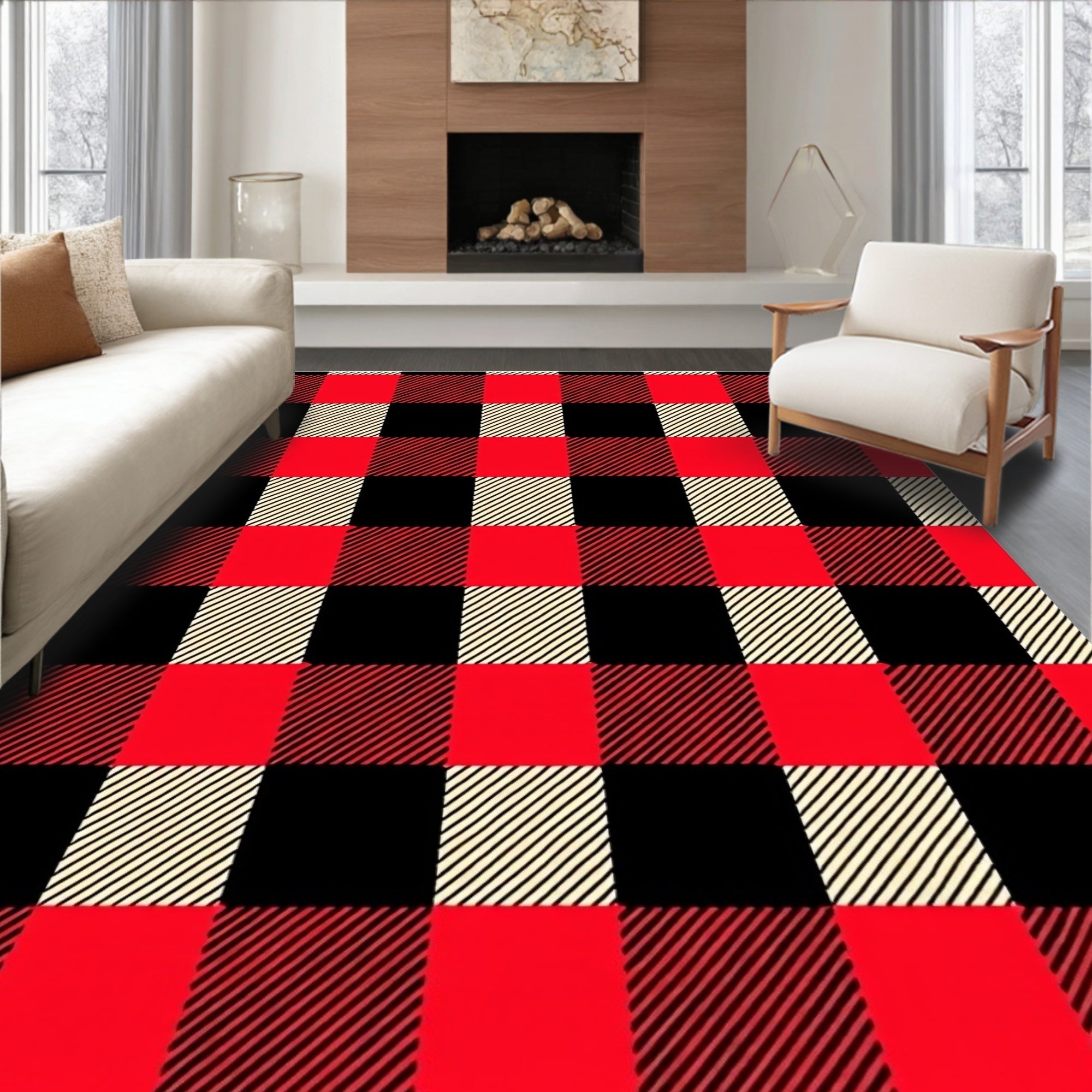 Red Black Plaid Checkered Design Rug