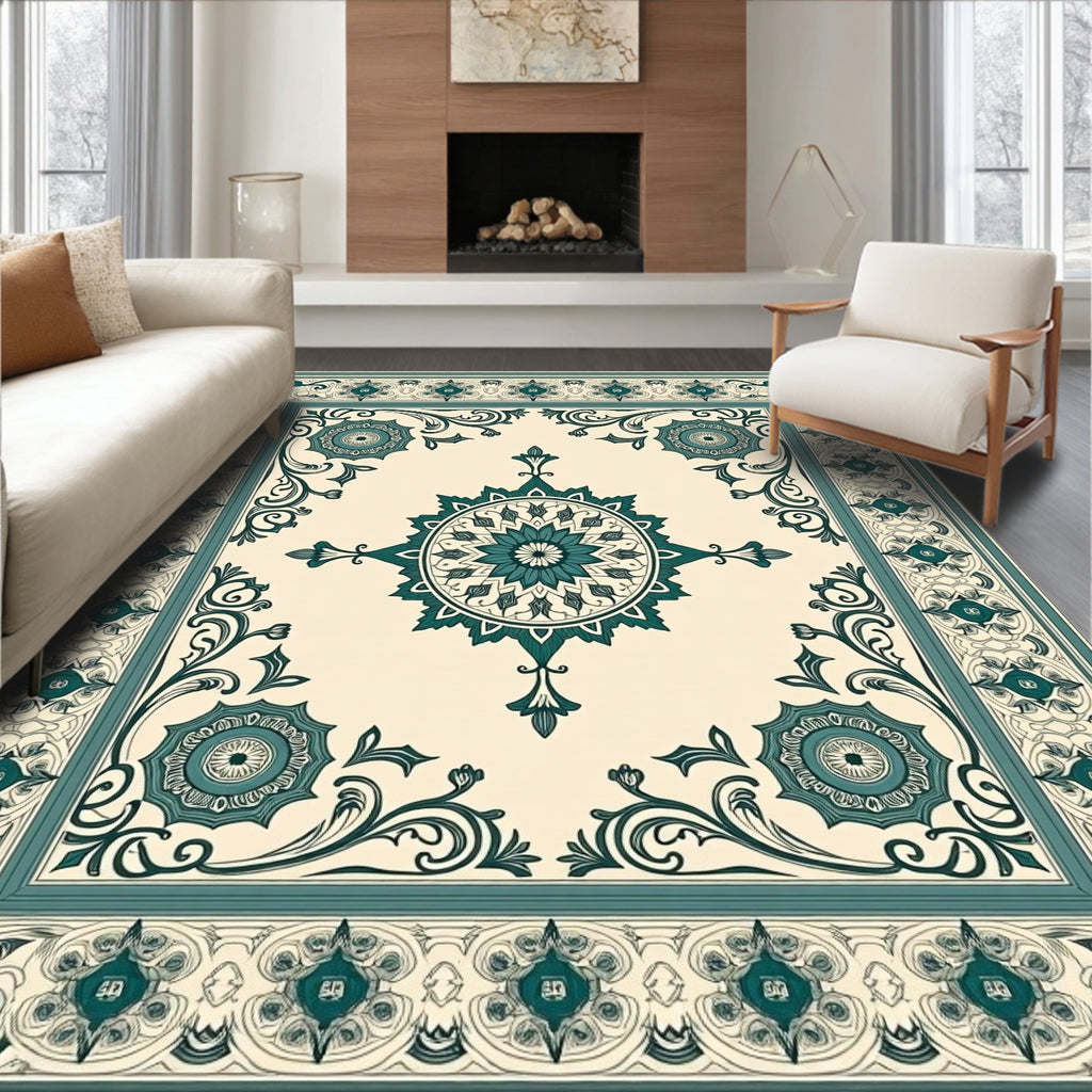 Elegant Teal Floral Medallion Patterned Rug