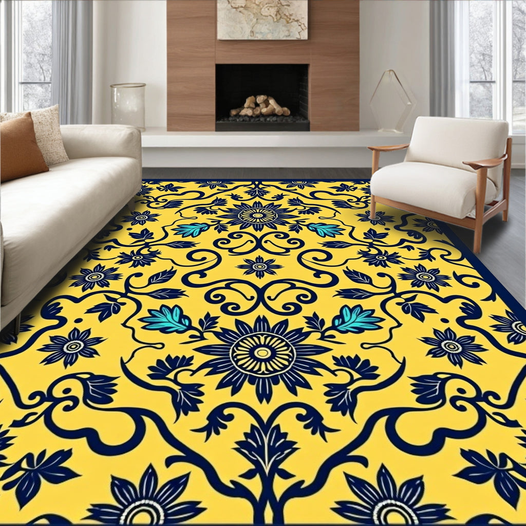 Yellow Floral Vine Intricate Pattern Rug