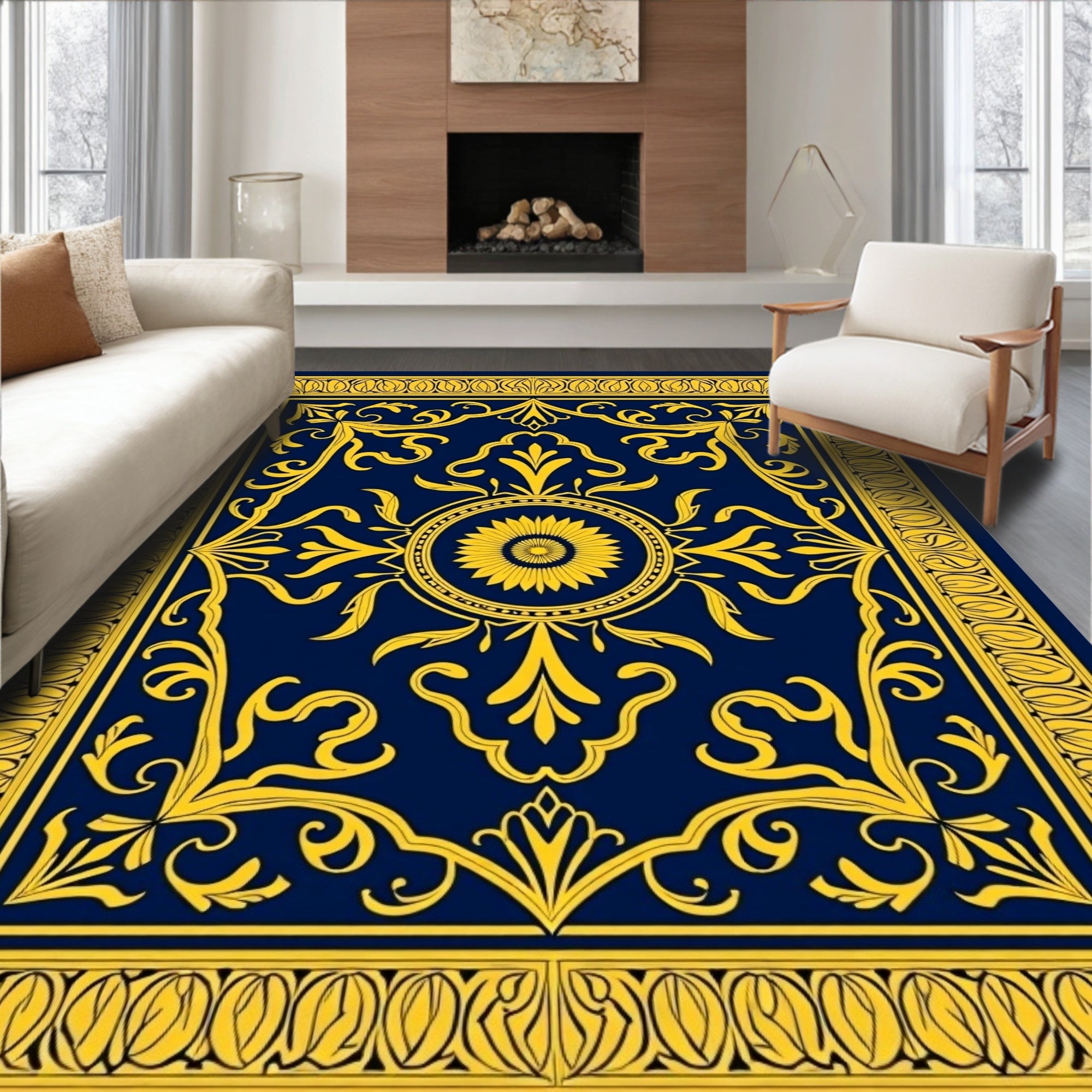Classic Navy Gold Floral Medallion Rug