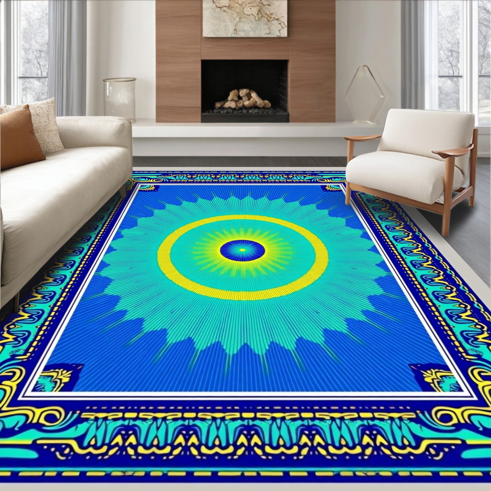 Vibrant Sunburst And Border Design Rug
