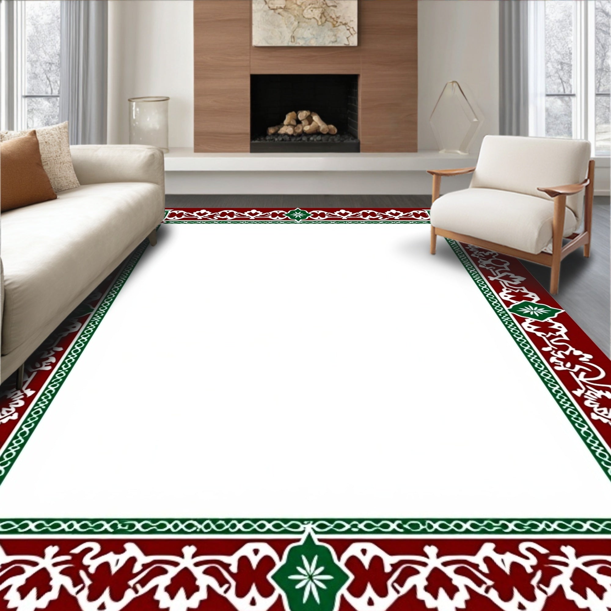 Rich Red Green Floral Border Rug