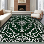 Intricate Floral Swirls on Dark Green Canvas Rug