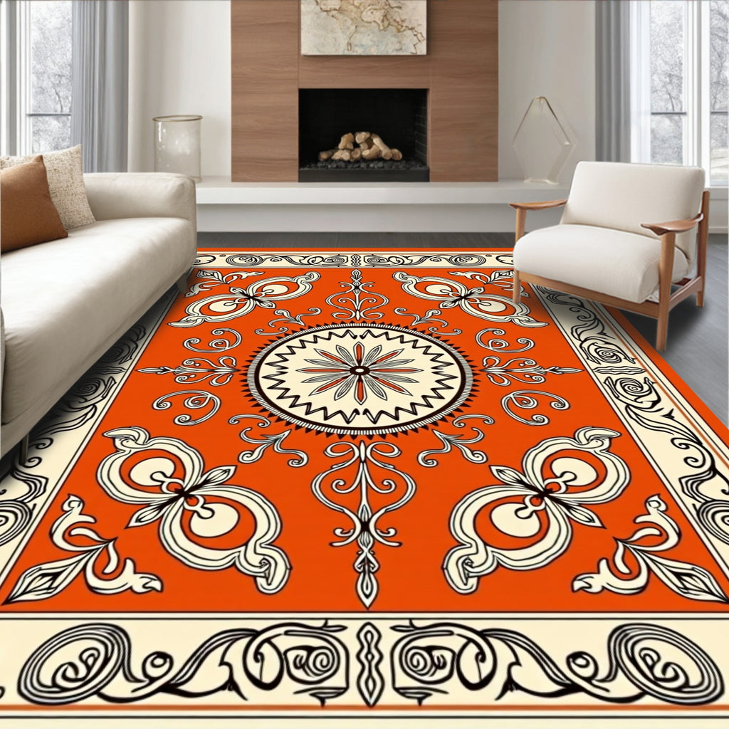 Ornate Floral Medallion Orange Cream Rug