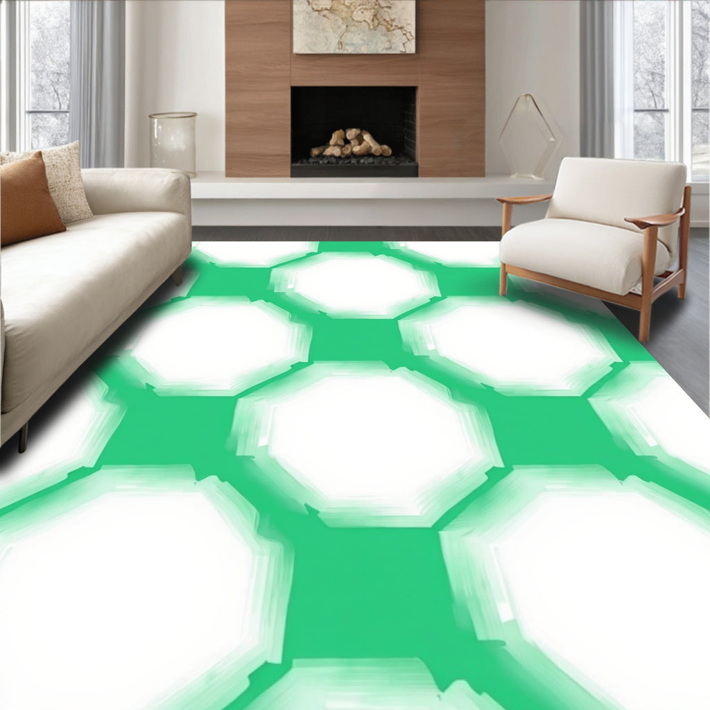 Green White Geometric Hexagon Pattern Rug