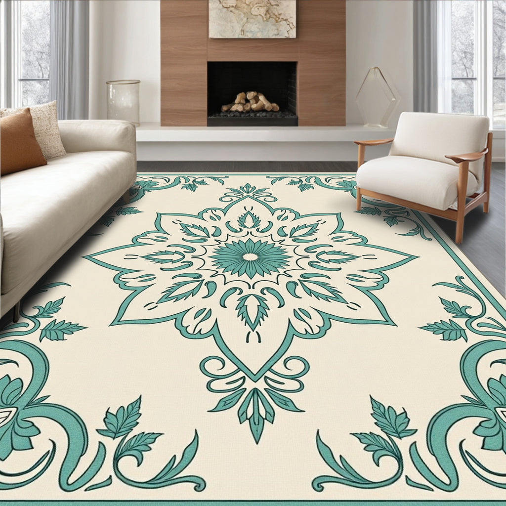 Classic Teal Floral Medallion Design Rug