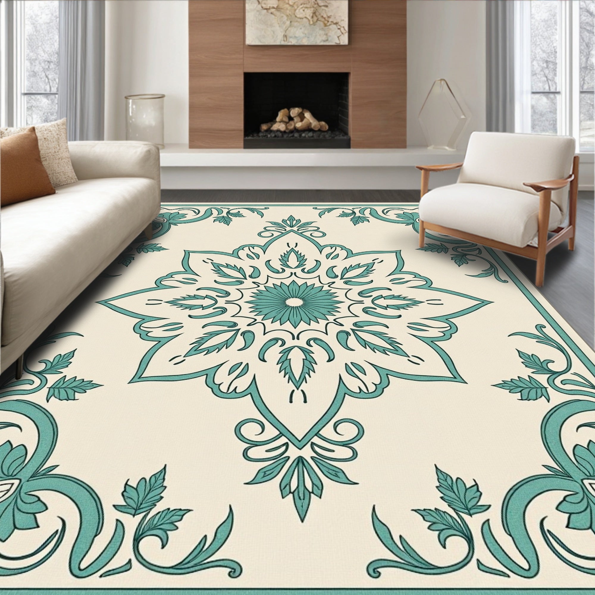 Classic Teal Floral Medallion Design Rug
