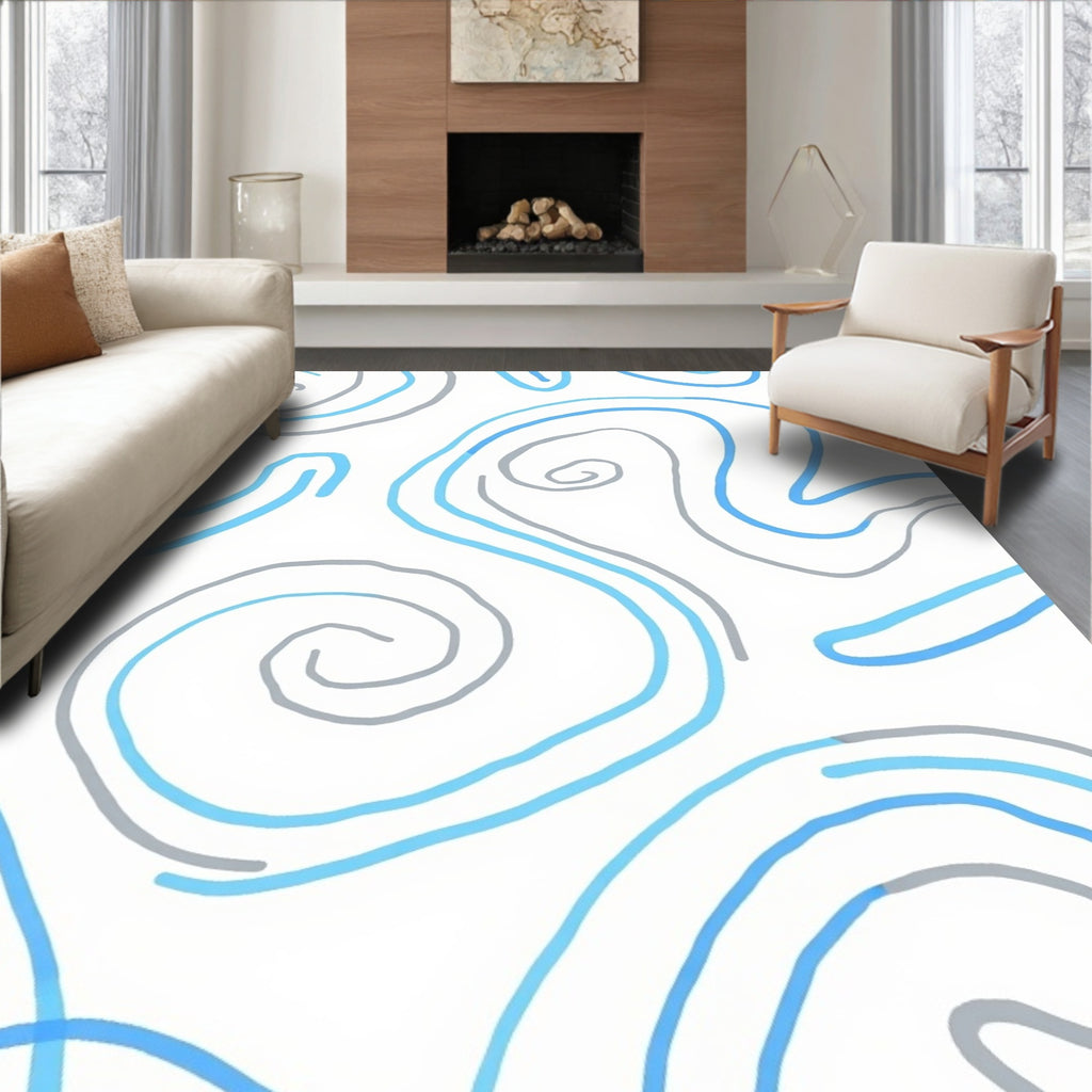 Abstract Swirls Gray and Blue Pattern Rug