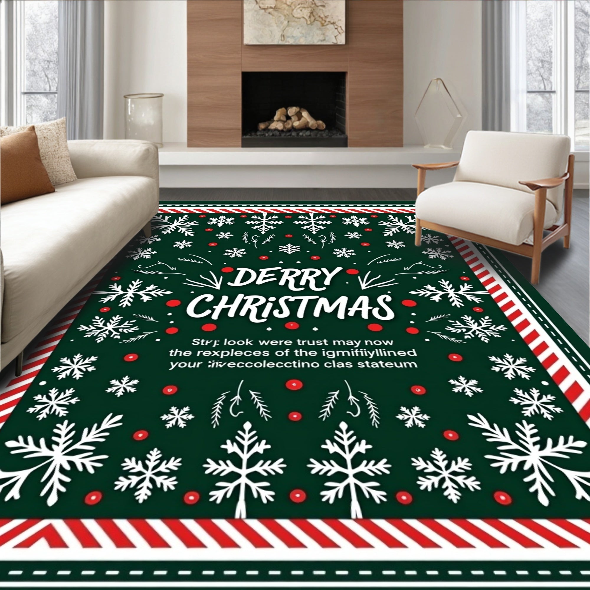 Festive White Snowflakes Red Border Rug
