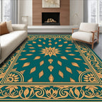 Golden Floral Border Teal Design Rug