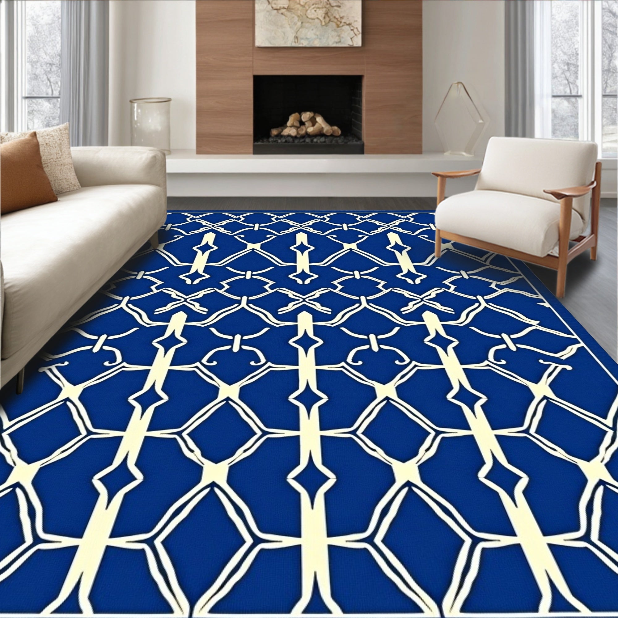 Intricate Blue Golden White Lattice Rug