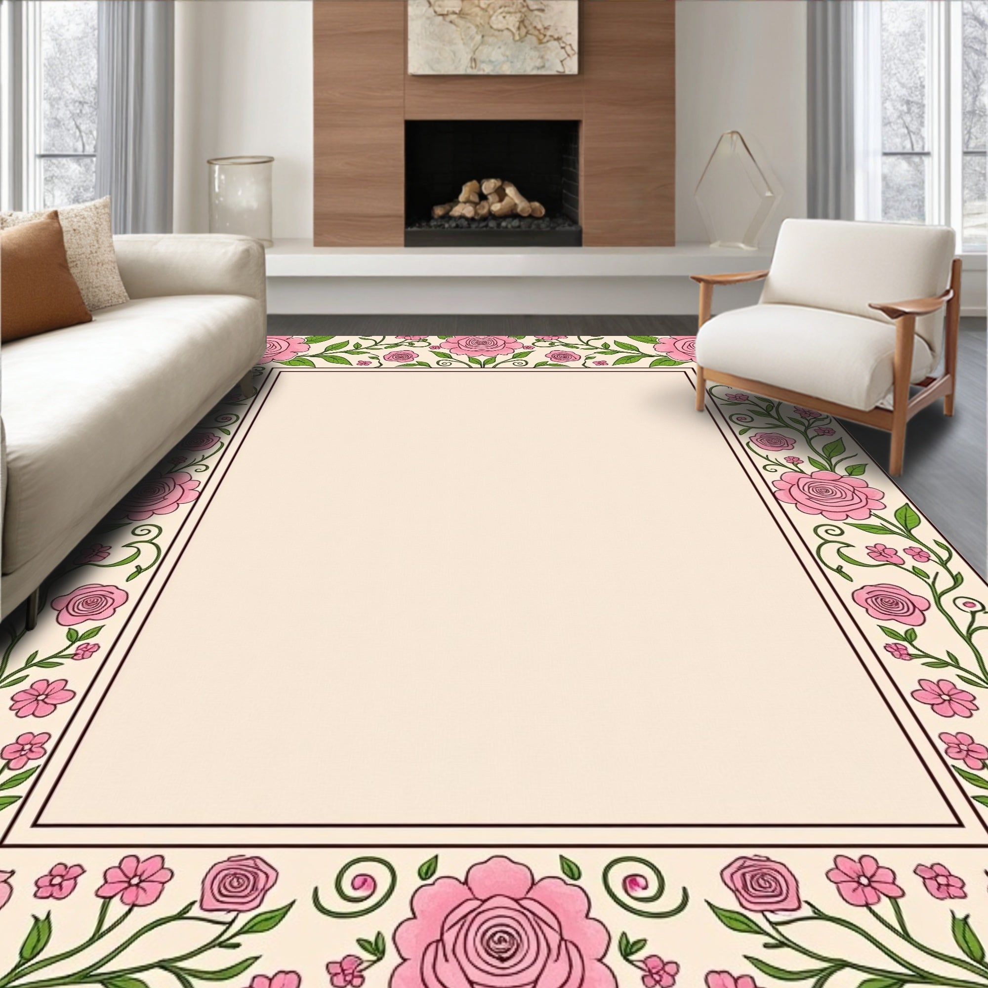 Floral Vines With Pink Roses Border Rug