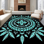 Cyan Mandala Leaf Patterned Rug