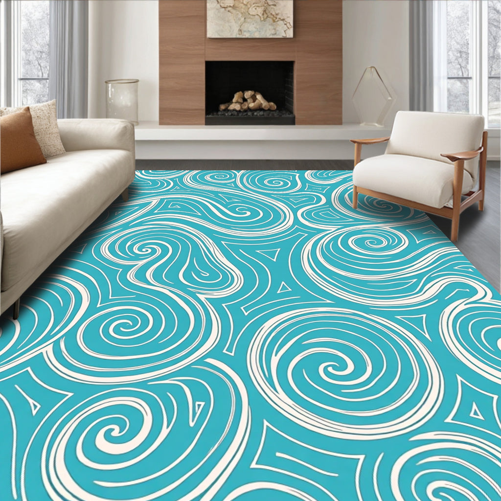 Cyan Blue Swirls Triangles Design Rug