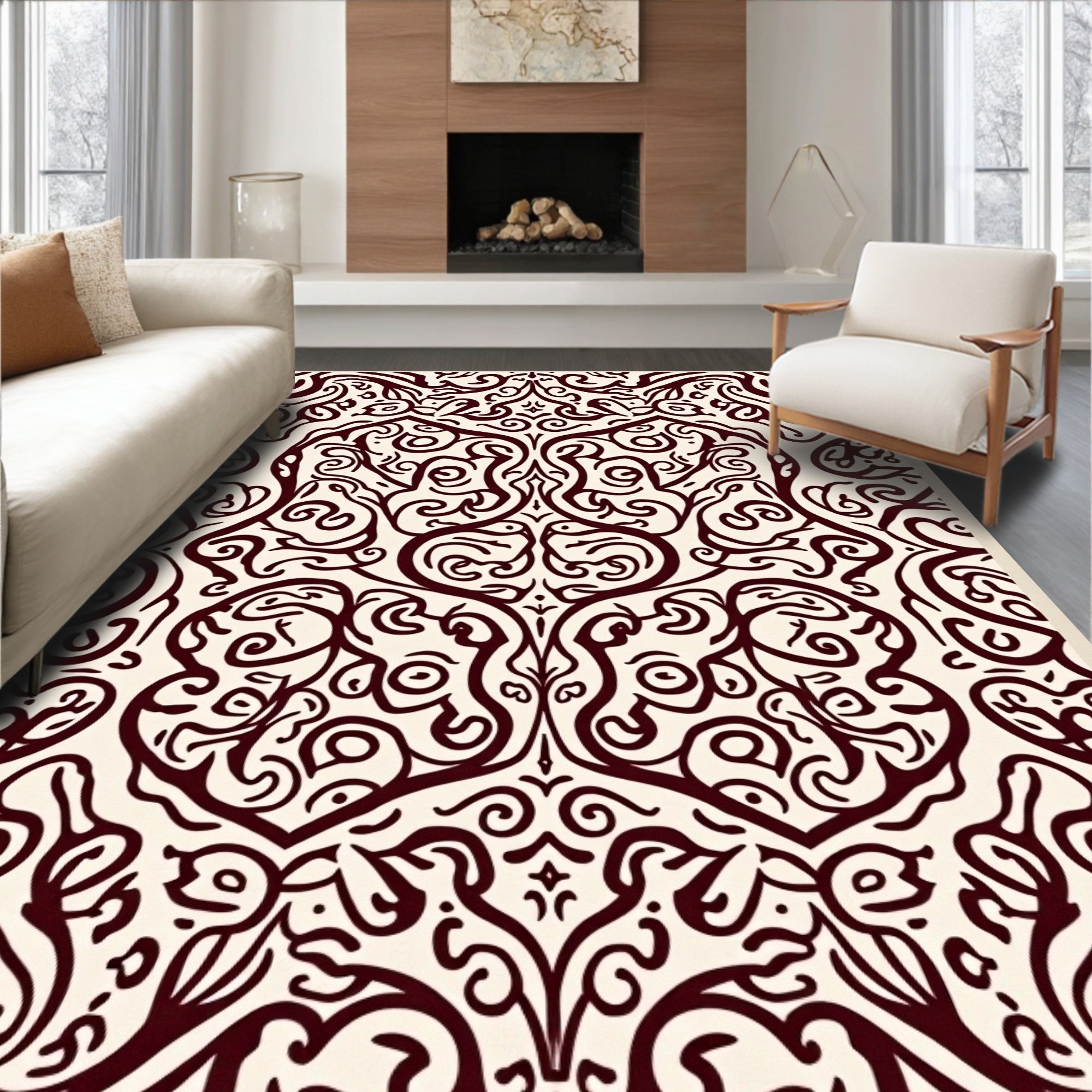 Ornate Swirling Burgundy Pattern Rug